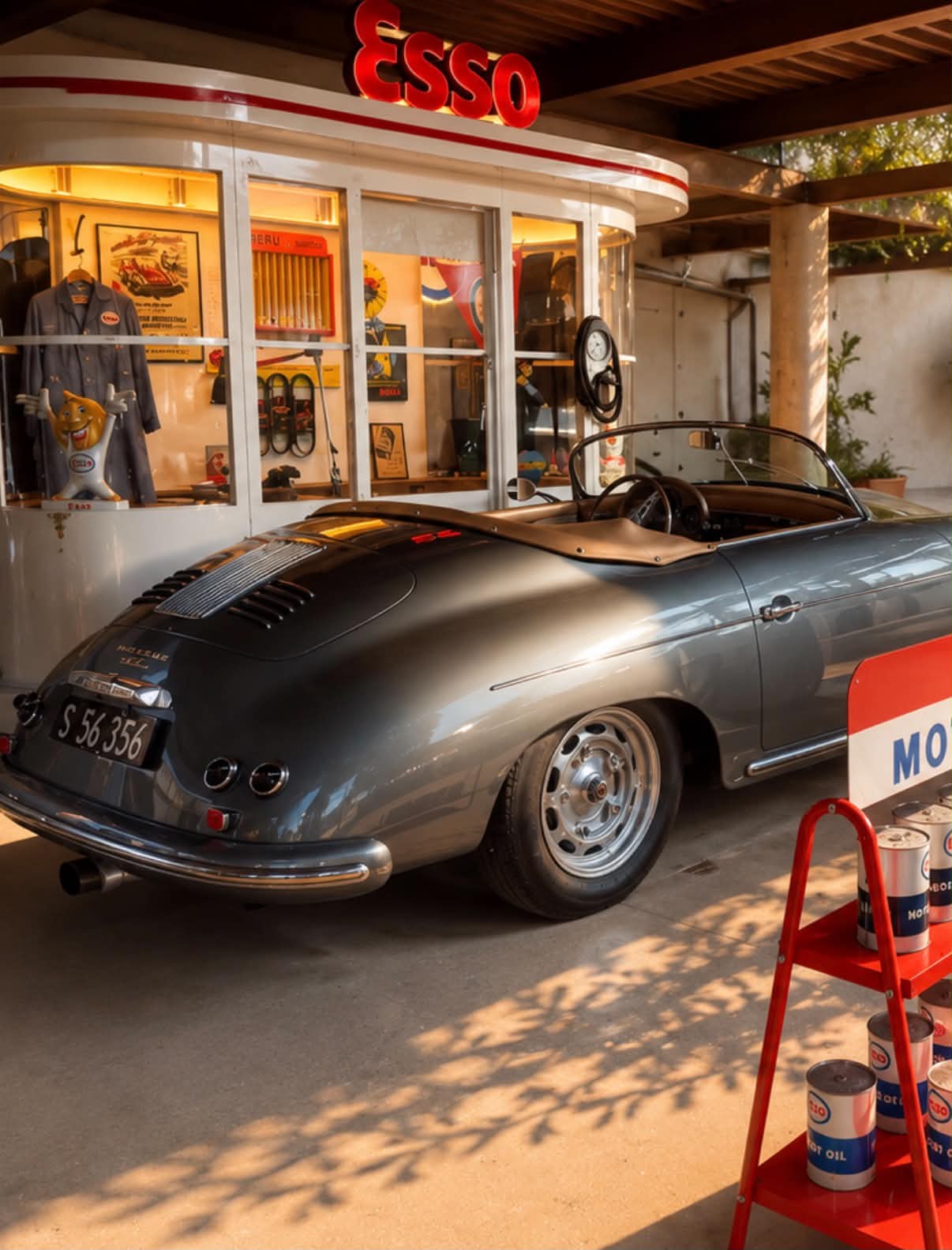 Vintage tankstation med klassisk Porsche Speedster